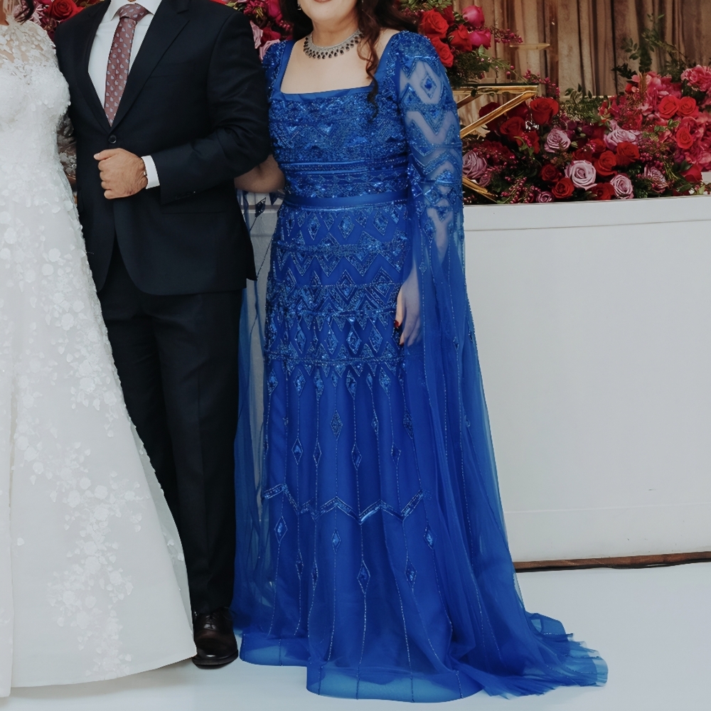 Serene Hill Beaded Elegant Blue Cape Sleeve Evening Gown - Size US 12 Large